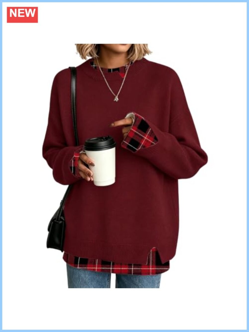 Oversized Knit Mock-Layering Sweater Lightweight Crew Neck Long Sleeve Pullover